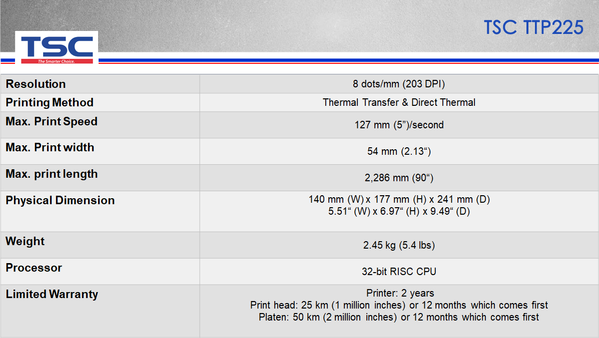 TSC TTP225 Printer Specification